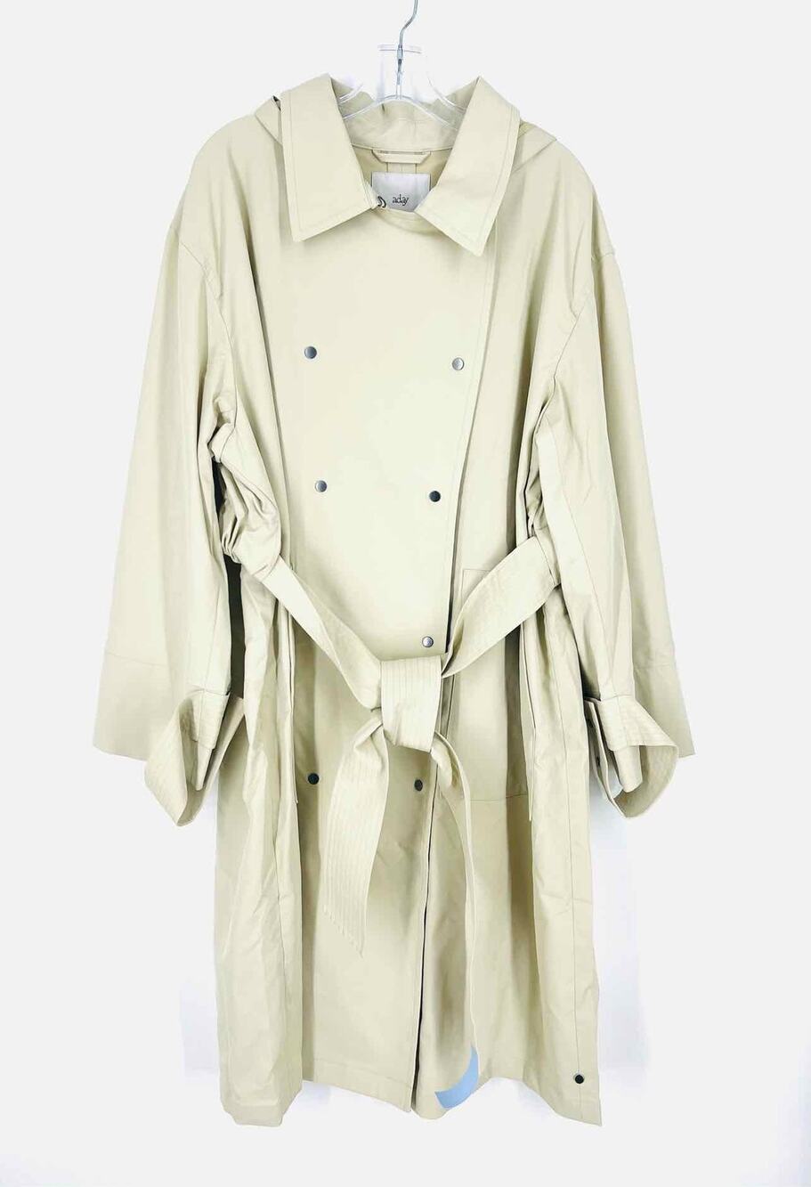 Aday Size XL Khaki Double Breasted Nylon Belted Designer Trenchcoat